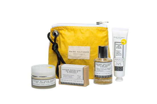Bains Celtiques® products and pouch manufactured from recycled boat sail
